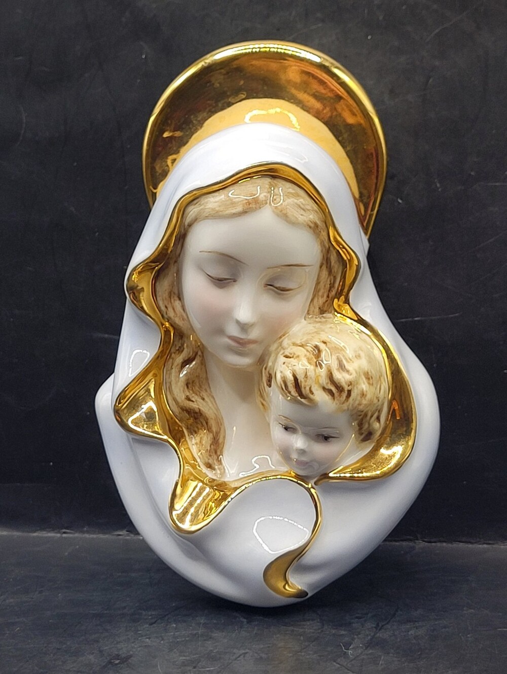 Vtg Italian White Gold Porcelain Madonna Mary Mother Baby Jesus 7" Statue Bust